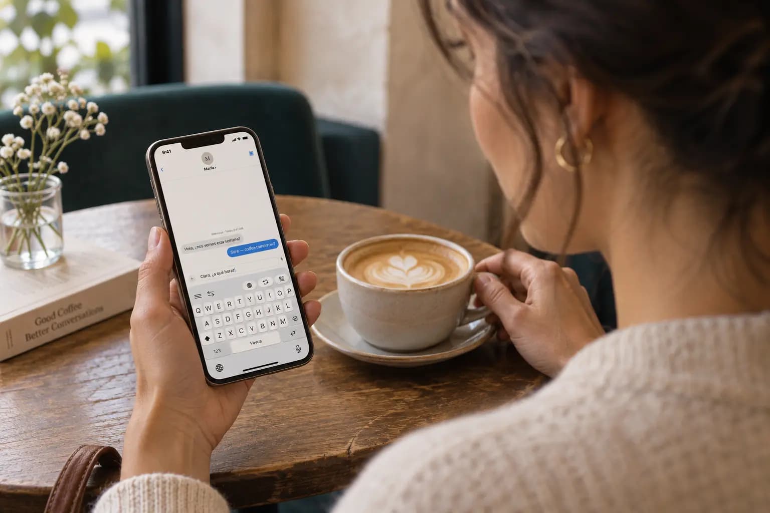 A woman using the Vavus keyboard on a phone held naturally at a cafe table