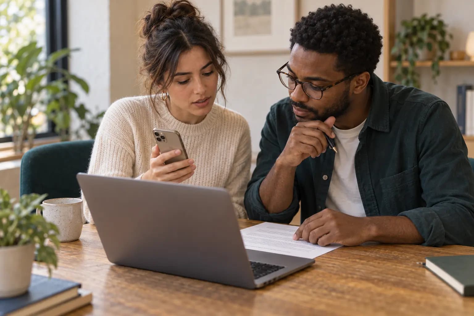 Two colleagues using a phone and laptop to work through a document together